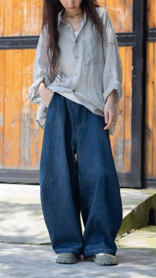 Dark Blue Denim Pants Linen Wide Leg Pants, Soft Maxi Flax Pants Plus Size Pants, Retro High Waist Trousers Long Hemp Pants For Women