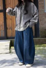 Dark Blue Denim Pants Linen Wide Leg Pants, Soft Maxi Flax Pants Plus Size Pants, Retro High Waist Trousers Long Hemp Pants For Women