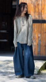 Dark Blue Denim Pants Linen Wide Leg Pants, Soft Maxi Flax Pants Plus Size Pants, Retro High Waist Trousers Long Hemp Pants For Women