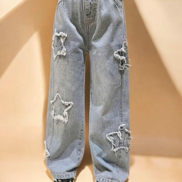 Y2K Star Denim , Baggy Streetwear Light Blue Jeans, Gift For Christmas