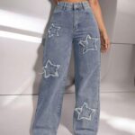 Y2K Star Denim , Baggy Streetwear Light Blue Jeans, Gift For Christmas