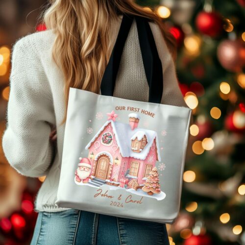 Personalized Tote Bag, Pink Christmas Gift, Family First Home, Pink Christmas Family Tote Bag, Eco-Friendly Tote, Family Vacation Gift