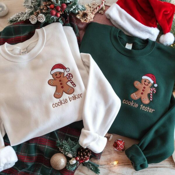 Christmas Cookies Couple Embroidered Sweatshirt, Cookies Tester And Cookies Baker Embroidered, Sweaterchristmas Embroidered Sweatshirt