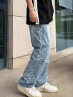 Y2K Jeans With Star Patches Unisex Embroidered Jeans Star Pants Baggy Jeans Y2K Clothing Streetwear Pants Men'S Jeans Embroidery Jeans Men