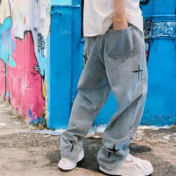 Baggy Wide Leg Jeans Men New Streetwear Prints, Korean Fashion Drapes, Straight Casual Denim Cargo Pants